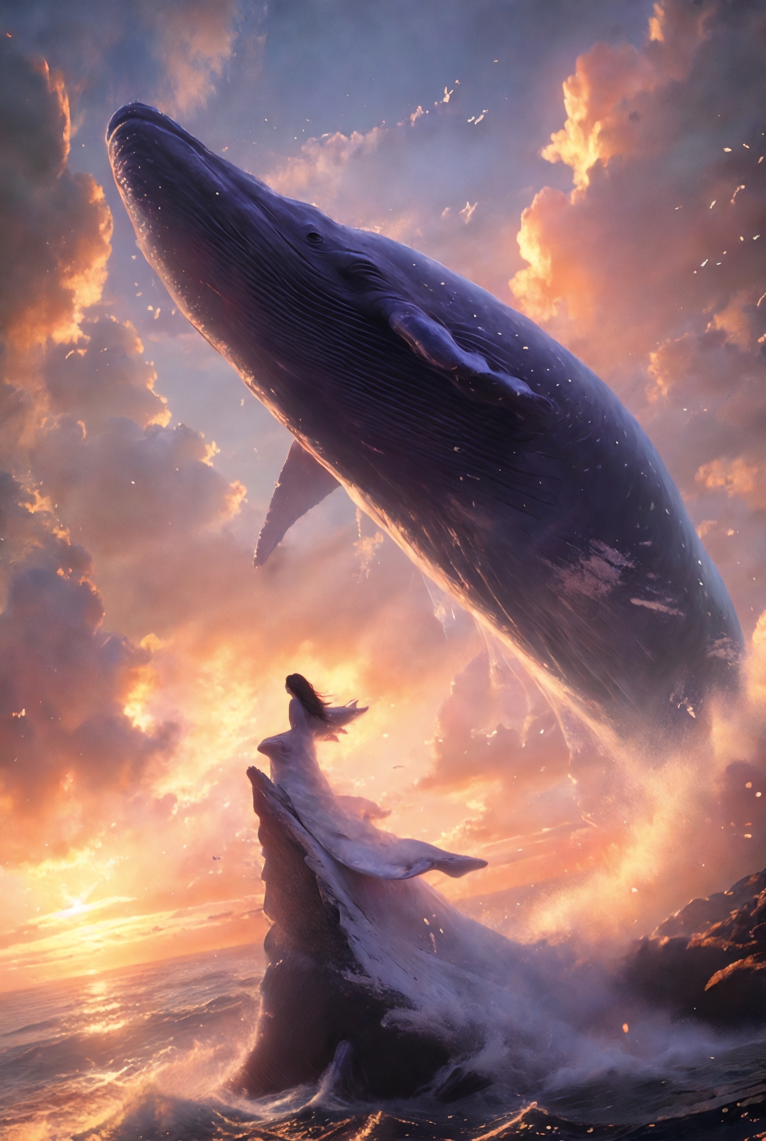 606247209521970410-2493982266-xuer Big whale, 1girl, cloud, sky, outdoors, scenery, whale, water, solo, long hair, ocean, cloudy sky, standing, sunset, from b.jpg
